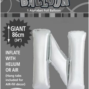 N Silver foil balloon letter 86cm helium filled