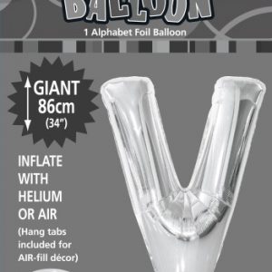 Silver v foil balloon letter 86cm helium filled