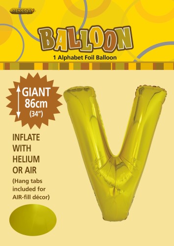 V gold foil letter balloon 86cm helium filled